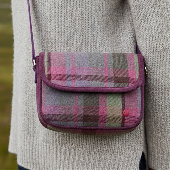 Gullane Tweed Mila Crossbody Bag flat lay showing rust plaid pattern