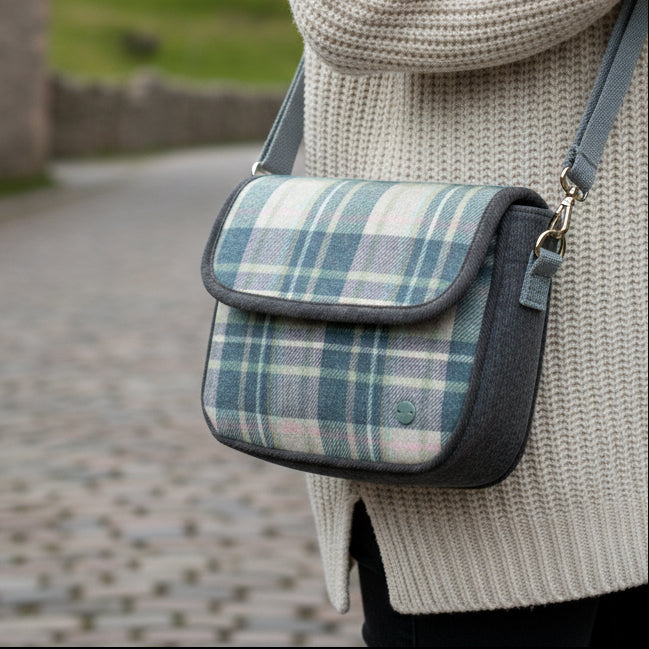 Skye Tweed Mila Crossbody Bag flat lay showing blue plaid pattern