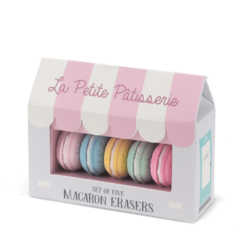 Macaron erasers set of five in patisserie-style packaging box