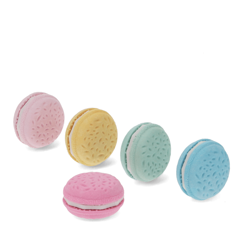 Five pastel macaron erasers scattered showing pull-apart halves