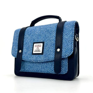 Sky Blue Mini Messenger Bag with Harris Tweed fabric and structured vegan leather sides.