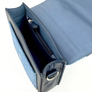 Inside of Sky Blue Mini Messenger Bag with zip pocket and navy lining.