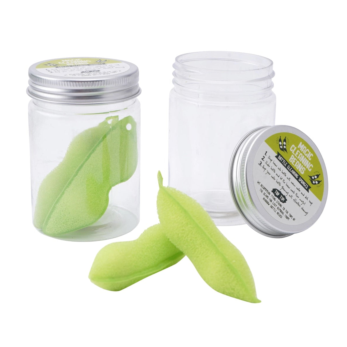 Magic Cleaning Beans reusable bottle cleaning sponges in clear pot with metal lid, featuring two green sponge beans with ceramic cores for easy bottle cleaning.