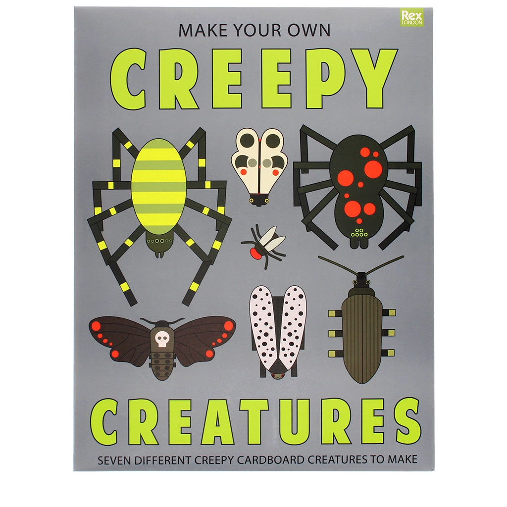 Make Your Own Creepy Creatures craft kit box featuring illustrated bugs including spiders, beetle, moth and insects.