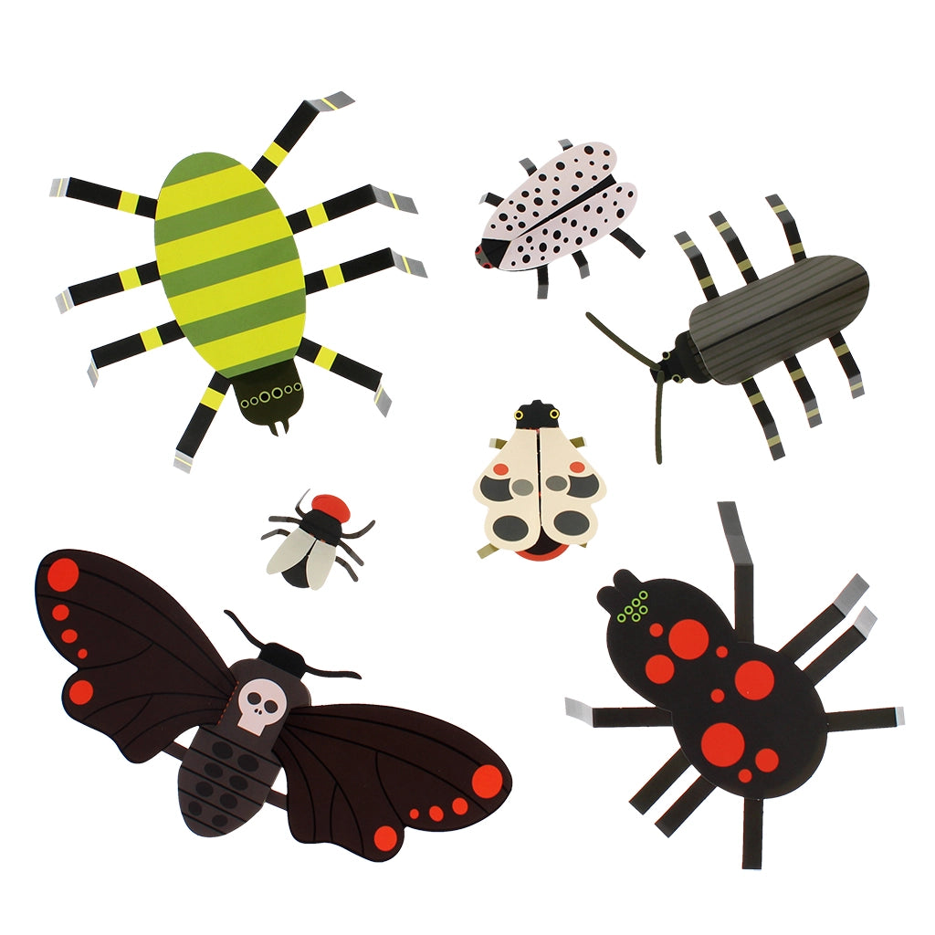 Assembled cardboard creepy crawlies from the craft kit including spiders, moth, beetle and insects.
