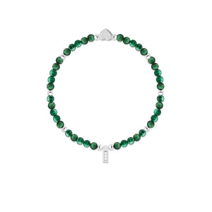 Stretch silver beaded Malachite bracelet laid flat and white background.
