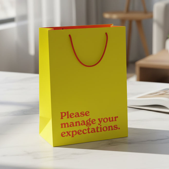 Yellow lime slogan gift bag on marble surface in lifestyle setting.