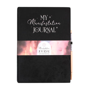 Manifestation Journal Notebook with Amethyst Pen wrapped in pink label packaging.
