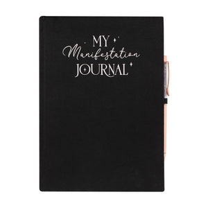 Front cover of My Manifestation Journal with amethyst pen attached.