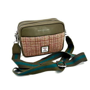 Maple: Luxurious Maple Harris Tweed Camera Bag with Olive vegan leather trim. Secure compartments, external pockets, and removable strap.