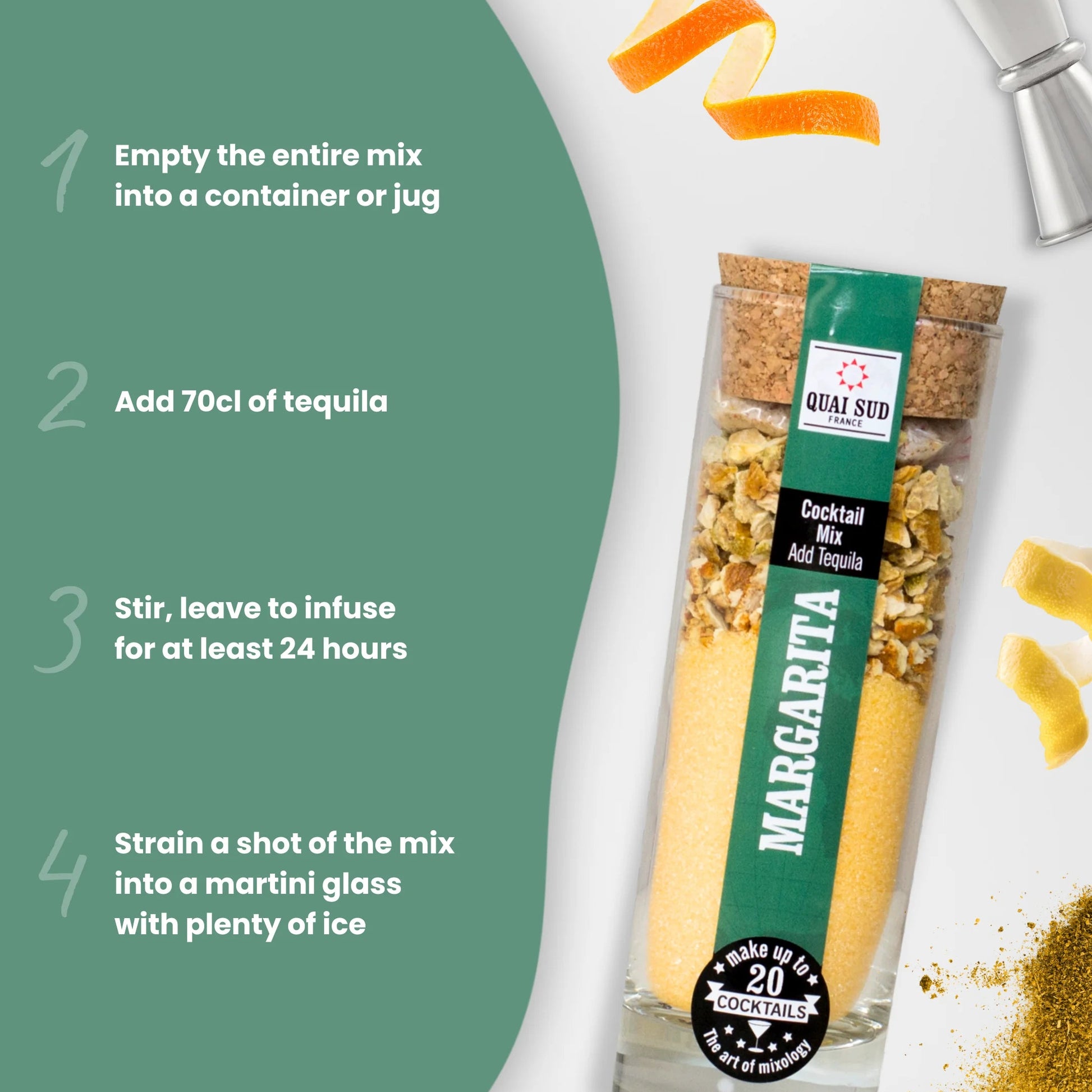 Margarita cocktail mix displayed beside step-by-step infusion instructions.