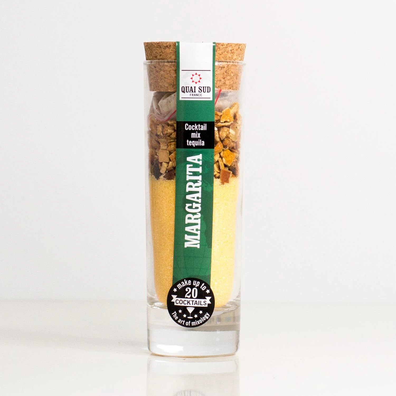 Front-facing Margarita cocktail mix bottle with cork lid and green label.