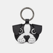 Front view of Max the Dog black leather keyring with puppy face applique and metal ring fitting.