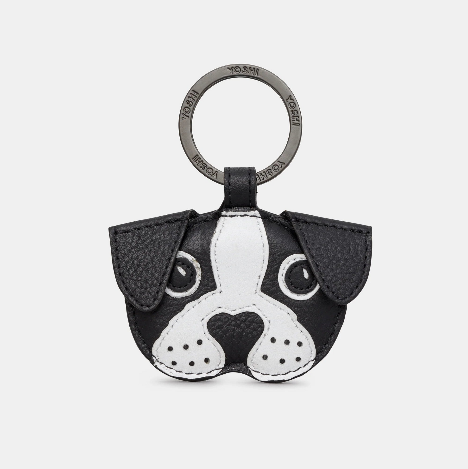 Front view of Max the Dog black leather keyring with puppy face applique and metal ring fitting.