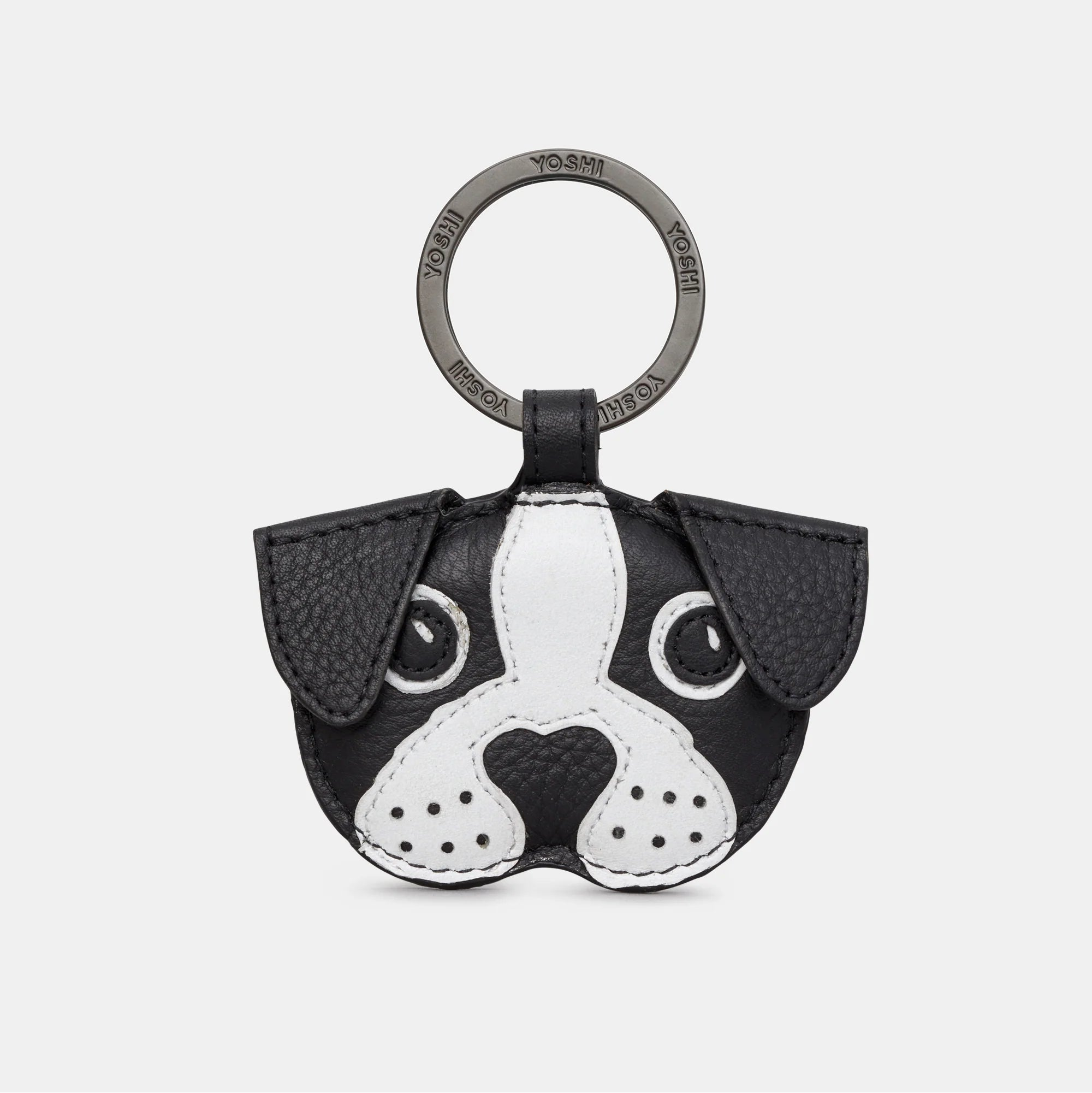 Front view of Max the Dog black leather keyring with puppy face applique and metal ring fitting.