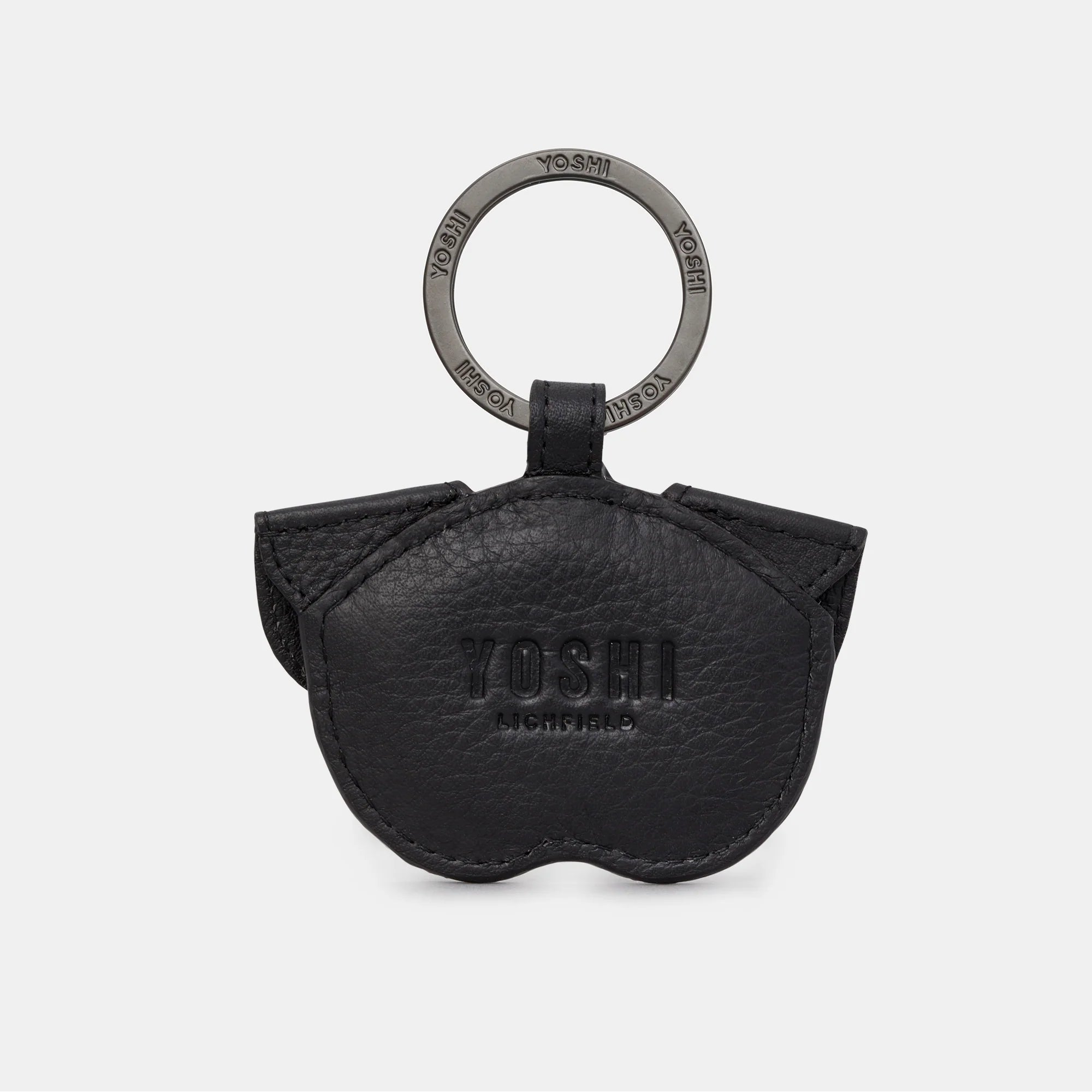 Back view of Max the Dog black leather keyring in soft black leather with embossed Yoshi branding.