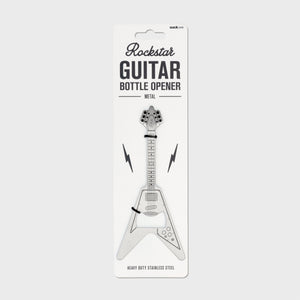 Front view of stainless steel flying V guitar bottle opener in retail packaging with “Rockstar Guitar Bottle Opener” branding.