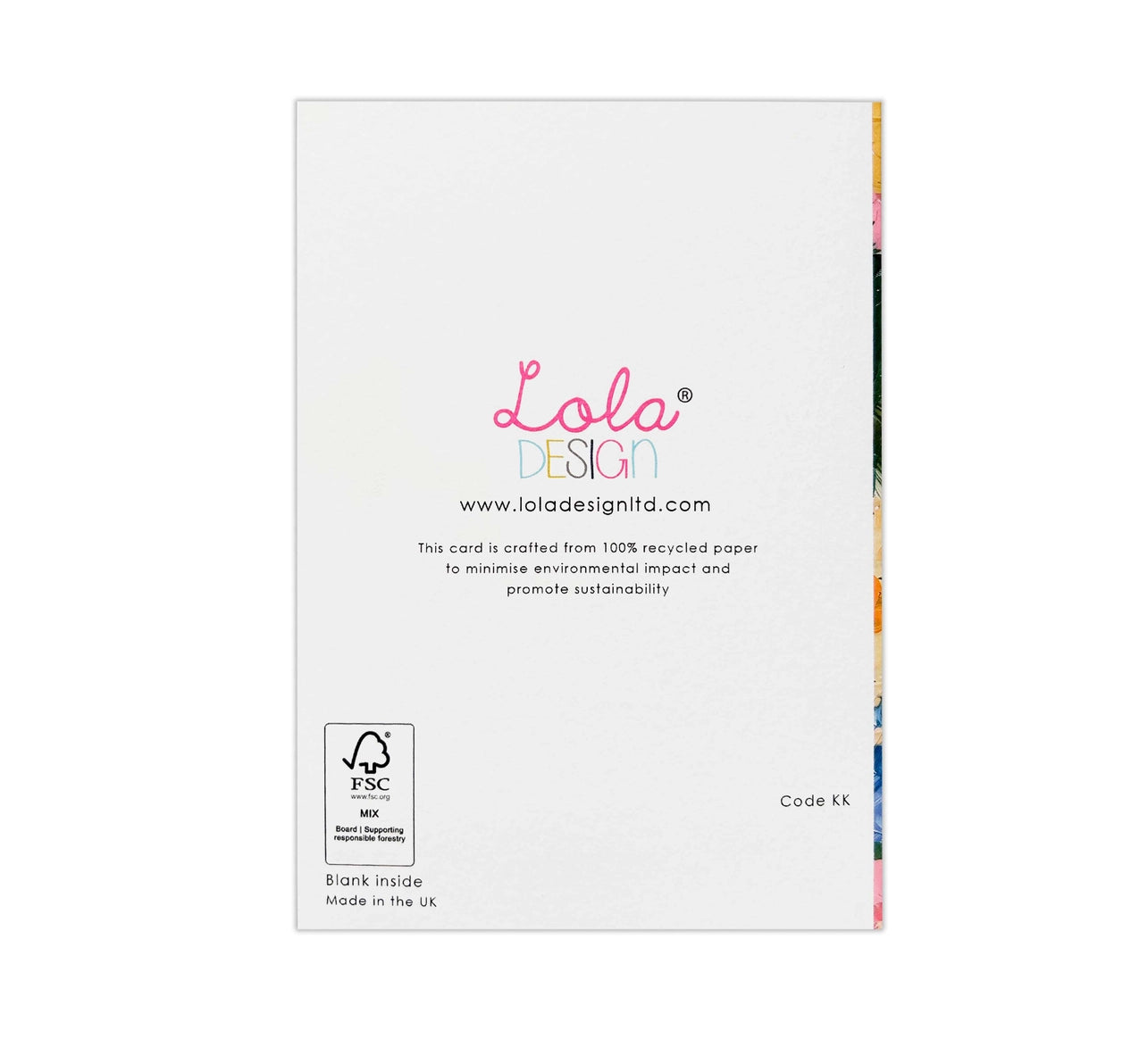 Back of Midlife Noises Humorous Card showing Lola Design logo and FSC-certified recycled paper details.