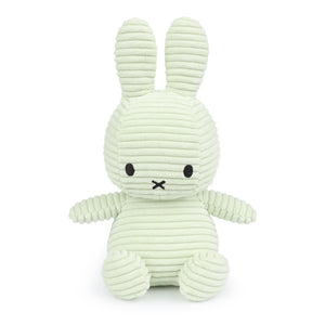 Straight On: Miffy Bunny Corduroy Fresh Mint, a timeless classic, in a soft, minty fresh corduroy. This plush toy features Miffy's signature black eyes.