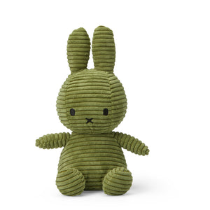 Straight On: Super soft Miffy Bunny Corduroy Olive Green. This plush toy features Miffy's iconic black eyes , with signature long ears standing out.