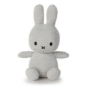 Straight On: Miffy Bunny Corduroy Soft Grey. This plush toy features Miffy's classic design with black embroidered eyes and signature upright ears.