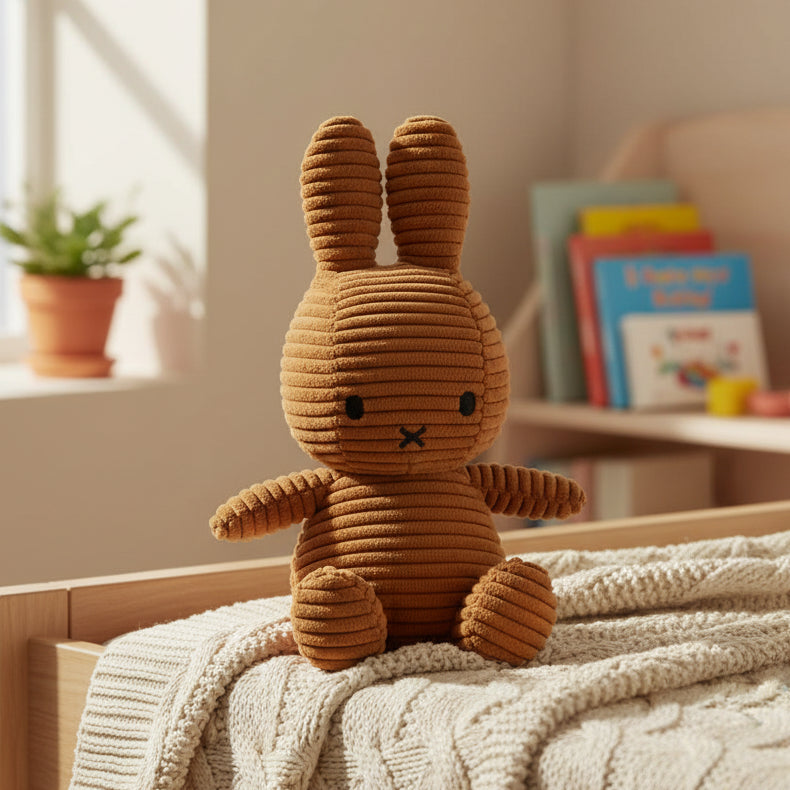 Miffy corduroy cinnamon plush toy sitting on cream knitted blanket in nursery