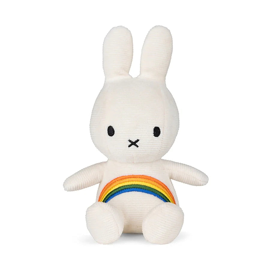 Miffy corduroy rainbow plush front facing with colourful design detail