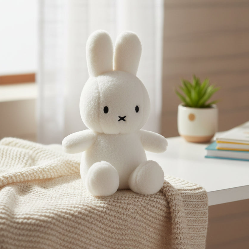 Miffy Cotton Candy cream plush on beige knitted blanket with succulent plant