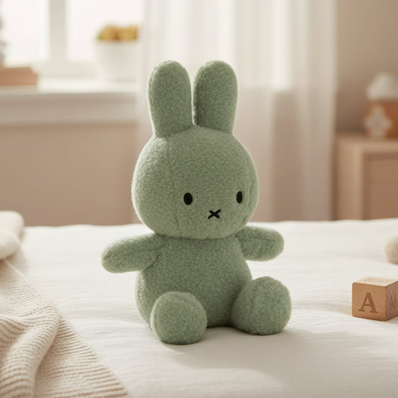 Miffy Cotton Candy pistachio green plush on white bedding in nursery setting