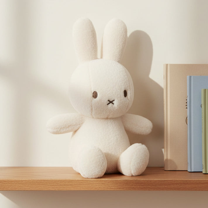 Miffy Cozy cream plush on wooden shelf next to books lifestyle