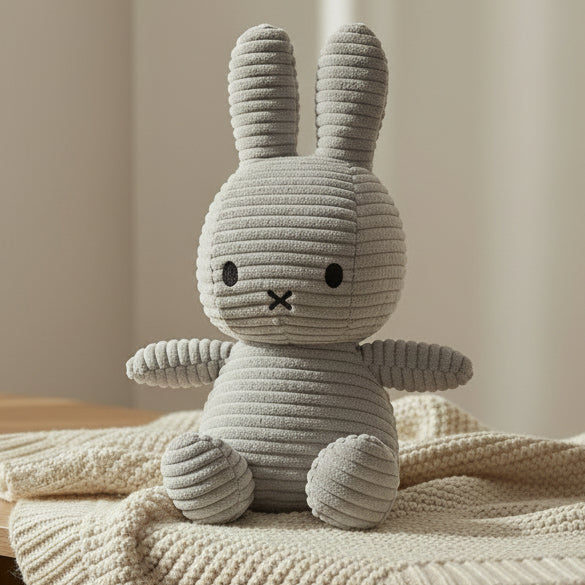 Miffy corduroy soft grey plush on cream blanket lifestyle shot