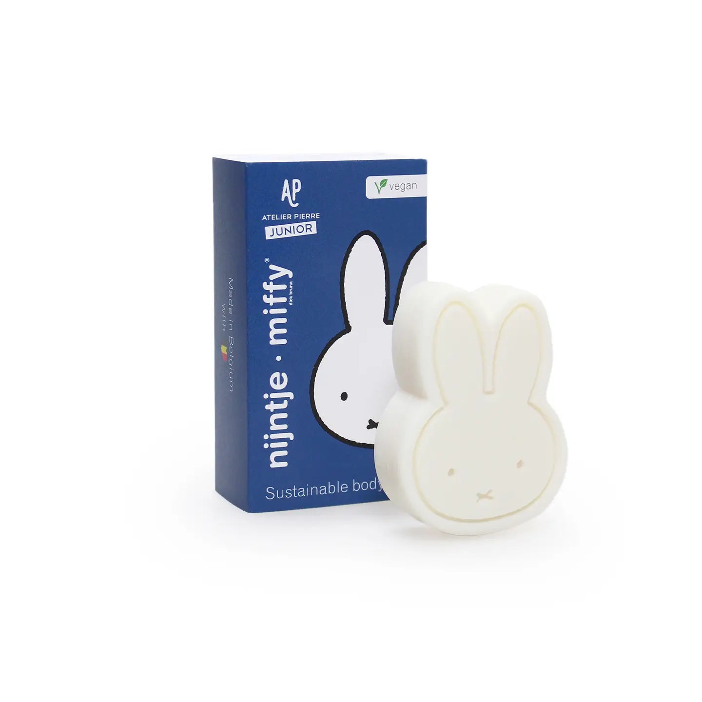Front view of vegan Miffy soap with blue box, berry scented and hypoallergenic, perfect for kids’ skincare.