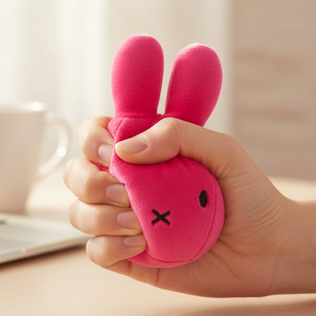 Fuchsia Miffy stress ball squeezed in hand at desk with cup in background