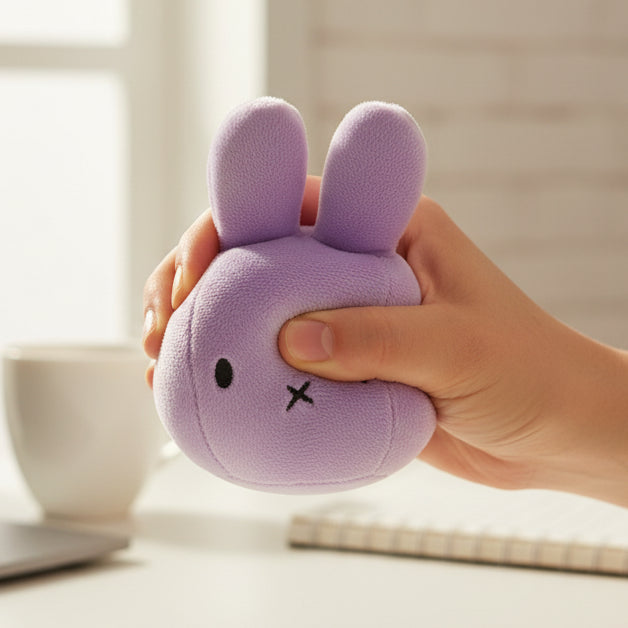 Lilac Miffy stress ball held in hand being squeezed at desk setting