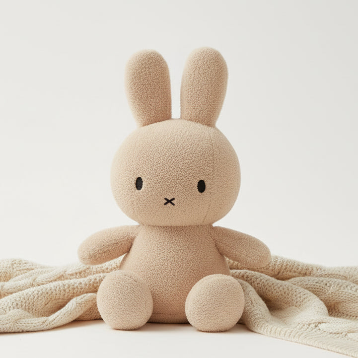 Miffy terry beige plush toy sitting on cream knitted blanket