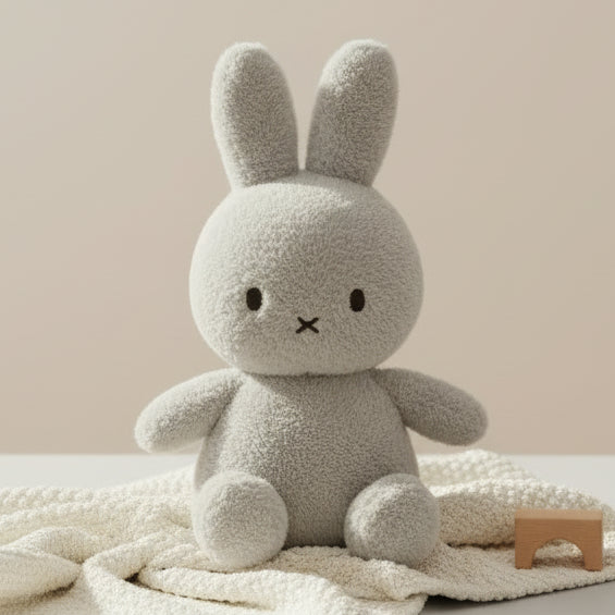 Miffy terry light grey plush on cream blanket with wooden toy