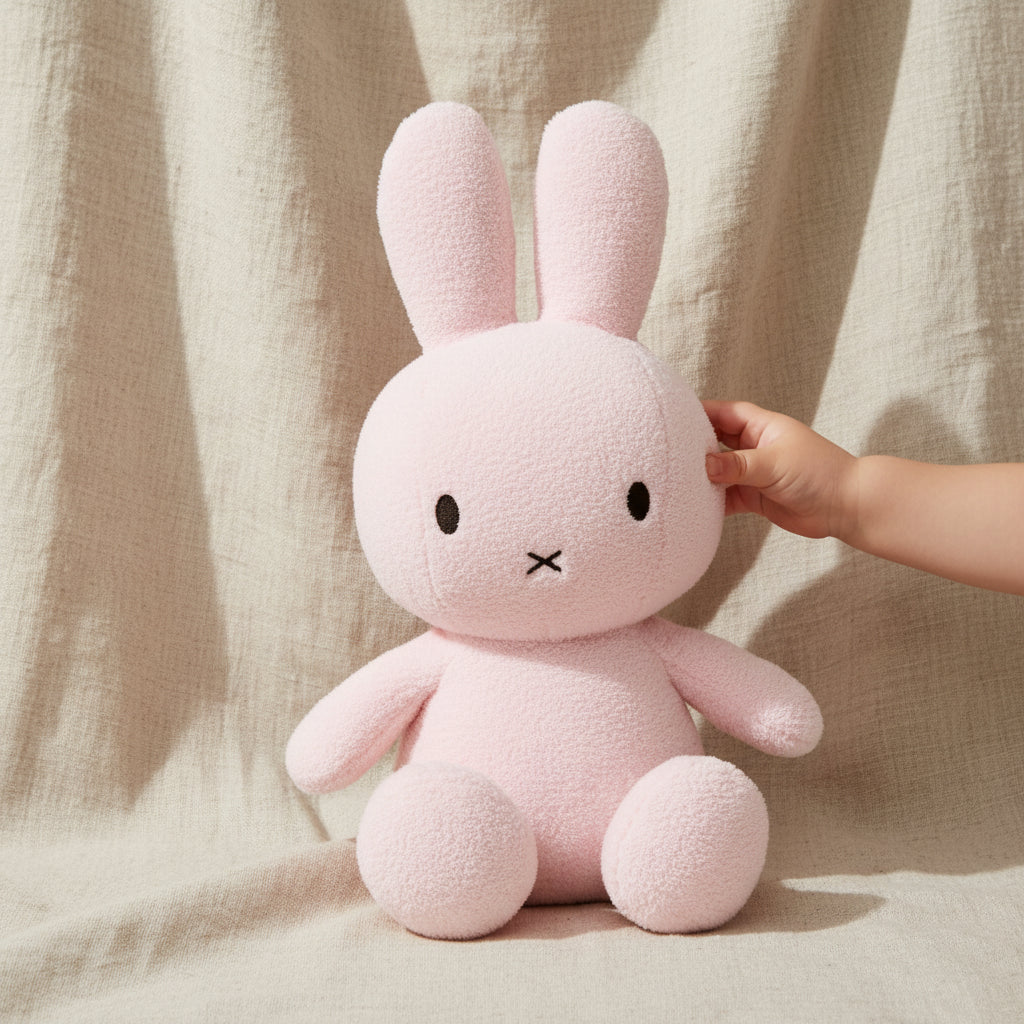 Miffy terry light pink plush held in hand showing scale on linen backdrop