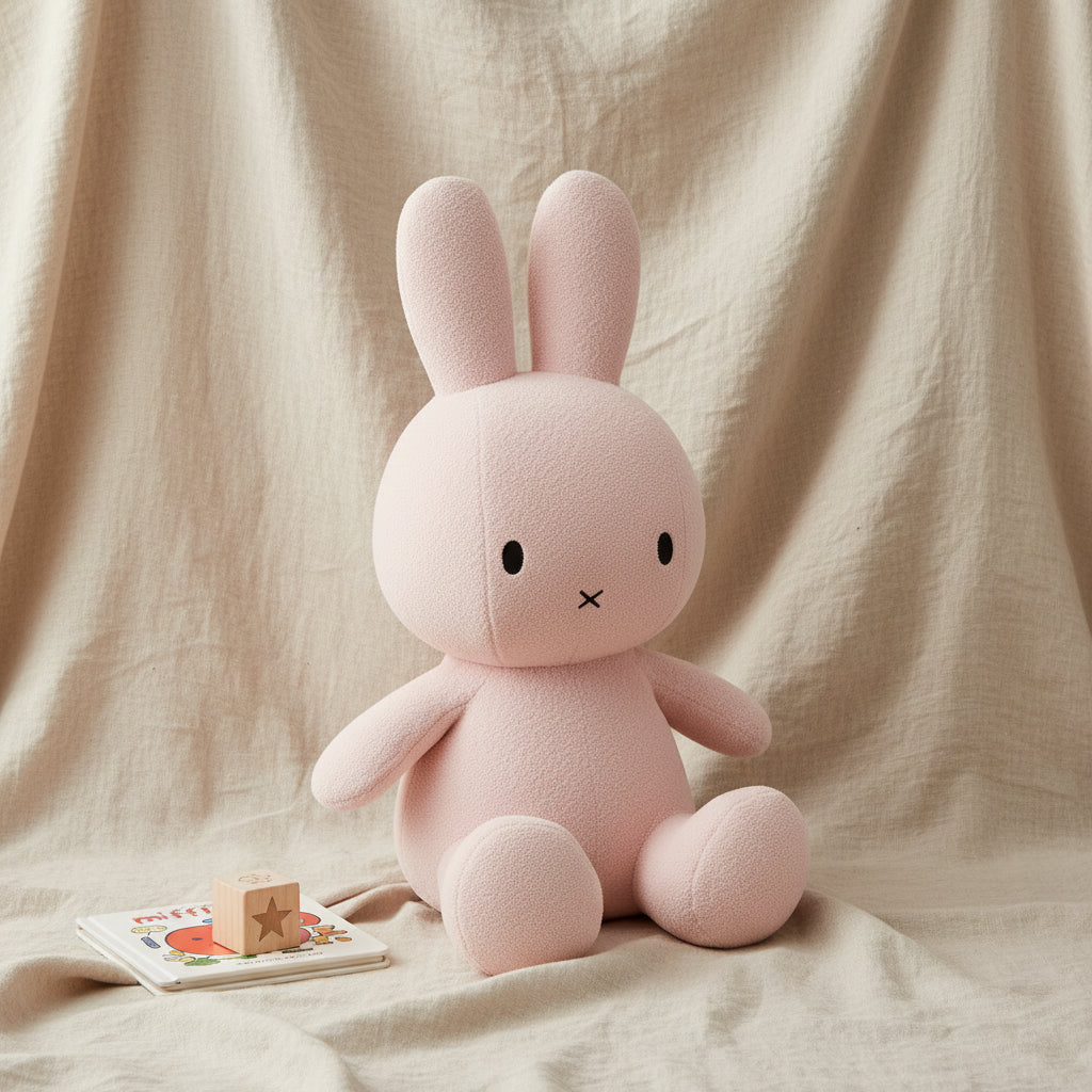 Giant Miffy terry light pink plush styled with book and wooden block