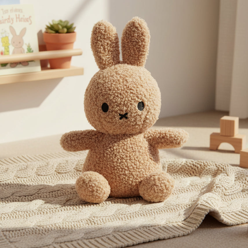 Miffy Tiny Teddy beige boucle plush on cream blanket in nursery with blocks
