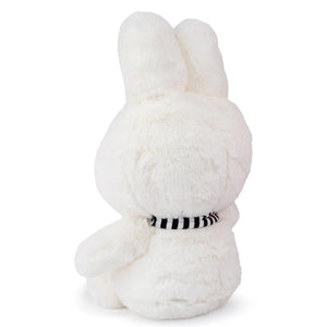 Back view of Miffy Winter With Scarf 33cm soft toy highlighting fluffy fur and striped scarf detail.