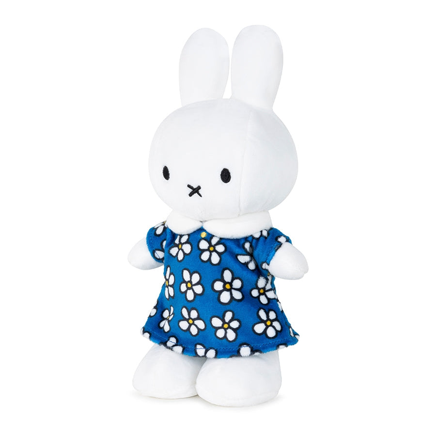 Miffy soft toy in blue flower dress, side view