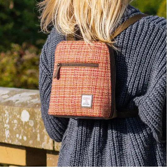 Maple Harris Tweed mini backpack worn by model - lifestyle shot.