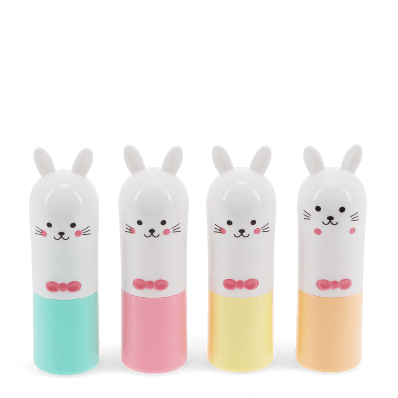 Four bunny highlighters in pastel colours on white background