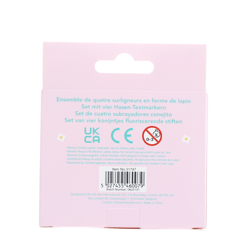 Mini bunny highlighters packaging back with product details