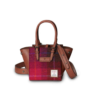 Classic red tartan Mini Caillie Tote by Islander, featuring top entry with magnetic closure and shoulder strap.