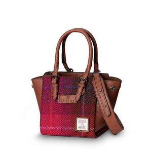 Red tartan Harris Tweed Mini Caillie Tote with stylish PU leather strap slung across the top.