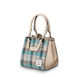 Islander Cream and Blue Tartan Mini Caillie Tote with structured sides, showcasing a touch of coastal charm.