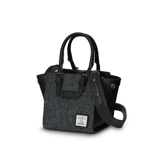 Grey herringbone Harris Tweed Mini Caillie Tote with structured sides, showcasing spacious interior.