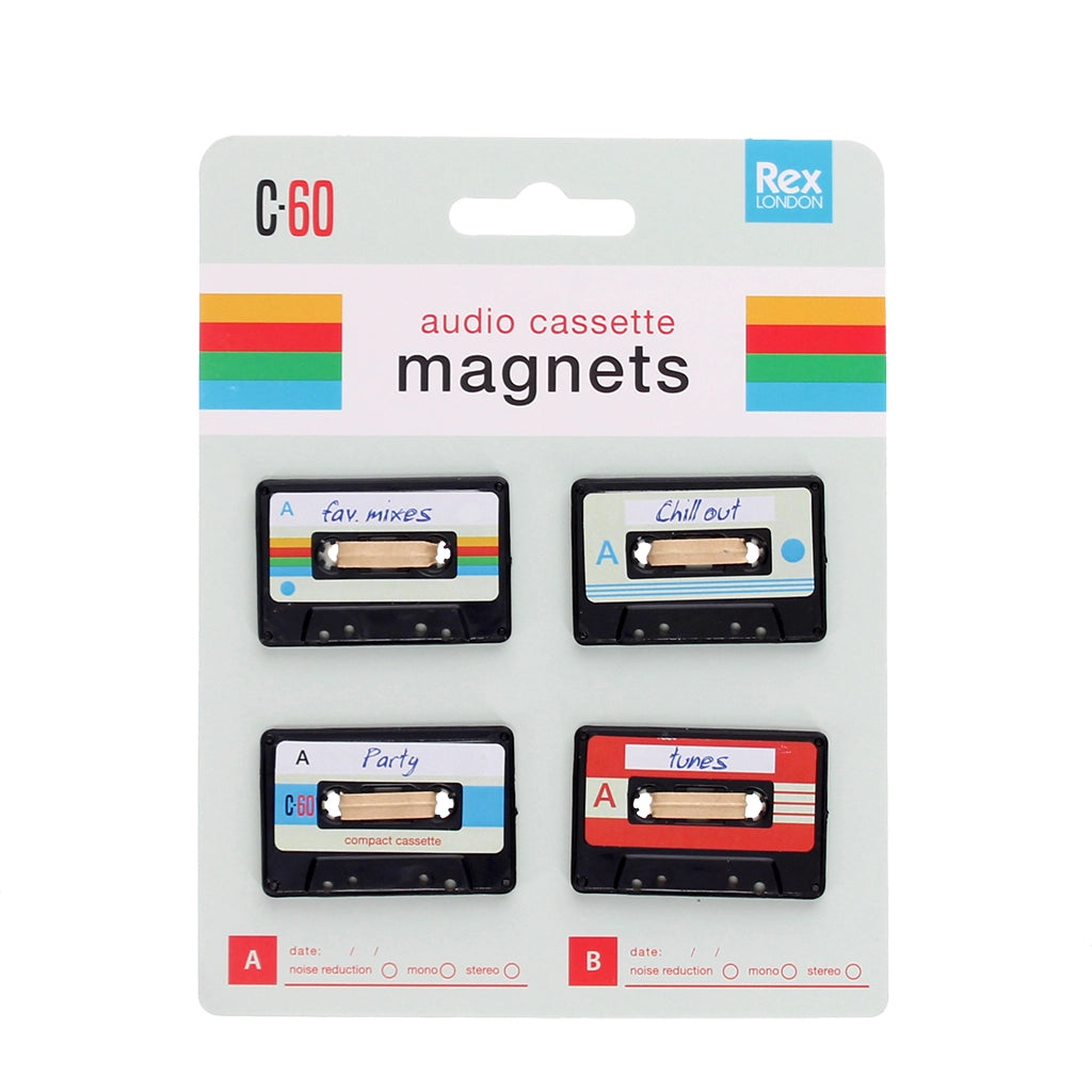 Set of four retro cassette tape mini magnets in packaging – colourful handwritten labels.