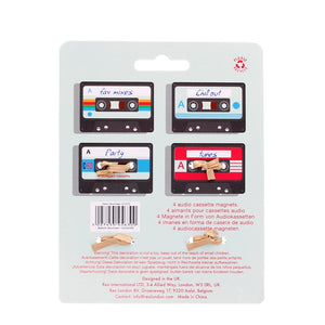 Rear packaging of retro cassette mini magnets set of four with product details